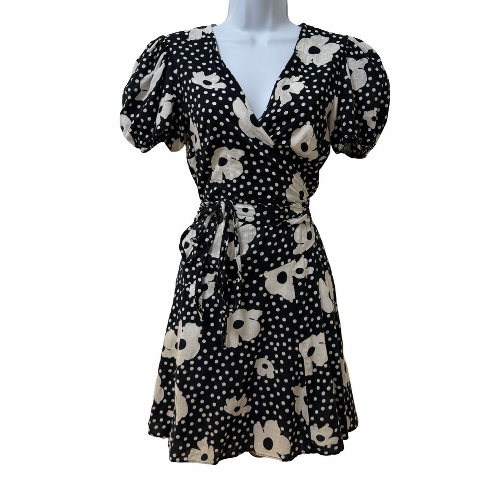 Urban Outfitters Jocelyn‎ Floral Print Puff Sleeve Wrap Mini Dress Size M Black